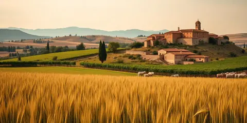 Paysage agricole d’Occitanie : champ de blé, vignoble et village sur une colline