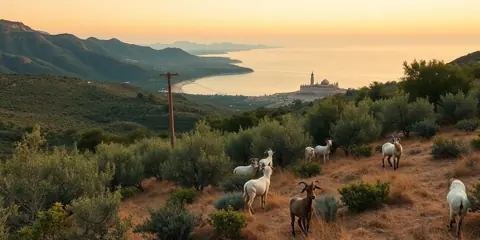 Agriculture en Corse : oliviers, maquis, chèvres au pâturage et littoral méditerranéen