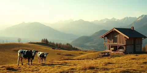 Agriculture en Auvergne-Rhône-Alpes : alpage avec vaches laitières et chalet face aux montagnes