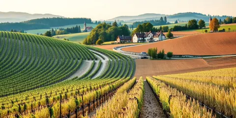Paysage agricole du Grand Est : rangs de vigne, champs de céréales et village
