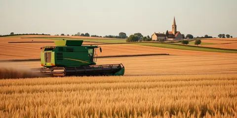 Agriculture en Île-de-France : moissonneuse-batteuse dans une plaine céréalière de la Brie