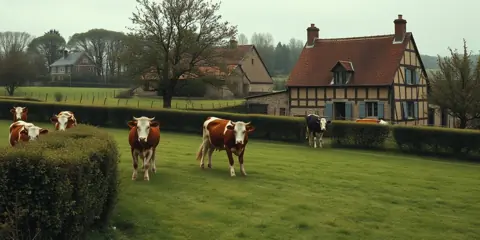 Agriculture en Normandie : vaches laitières dans le bocage et ferme à colombages