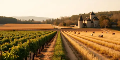 Paysage agricole de Nouvelle-Aquitaine : vignoble, champ moissonné et domaine en pierre