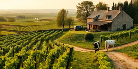 Agriculture en Pays de la Loire : vignoble de la vallée de la Loire, prairies et ferme en tuffeau