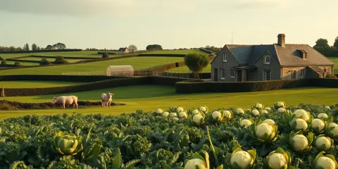 Agriculture en Bretagne : élevage laitier, bocage et champs de légumes (artichauts, choux-fleurs)